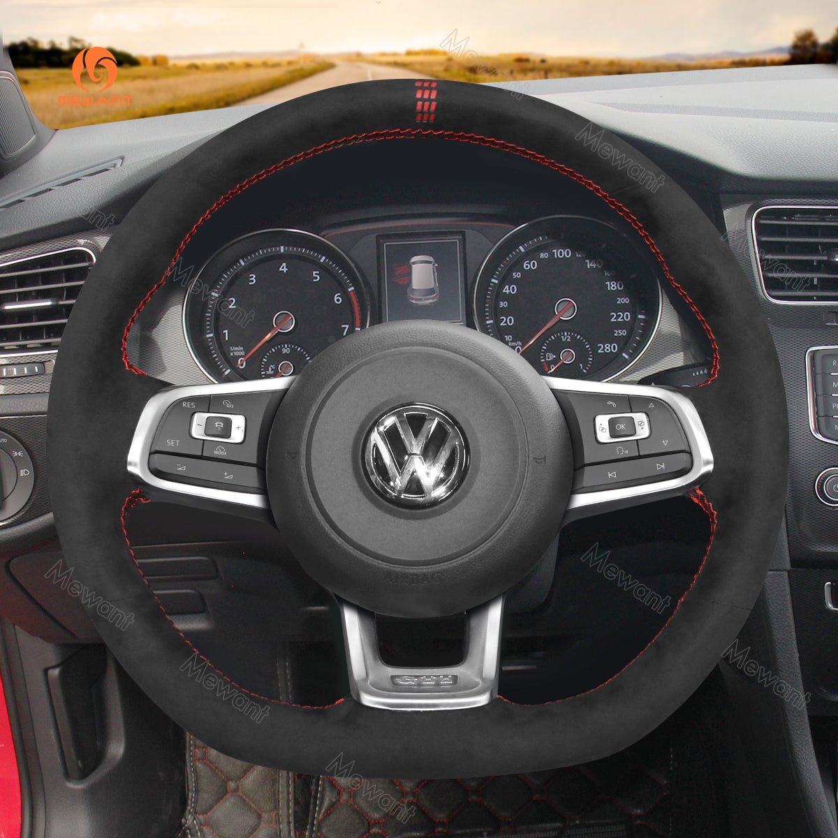 MEWANT Hand Stitch Car Steering Wheel Cover for Volkswagen VW Golf GTI 7 2015 - 2021 / Golf R 2015 - 2019 / Jetta GLI 2015 - 2018 - Alcantara, Leather, Carbon Fiber, Easy Install, Non - Slip, Best Steering Wheel Cover