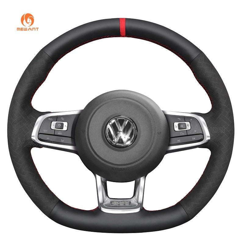 MEWANT Hand Stitch Car Steering Wheel Cover for Volkswagen VW Golf GTI 7 2015 - 2021 / Golf R 2015 - 2019 / Jetta GLI 2015 - 2018 - Alcantara, Leather, Carbon Fiber, Easy Install, Non - Slip, Best Steering Wheel Cover