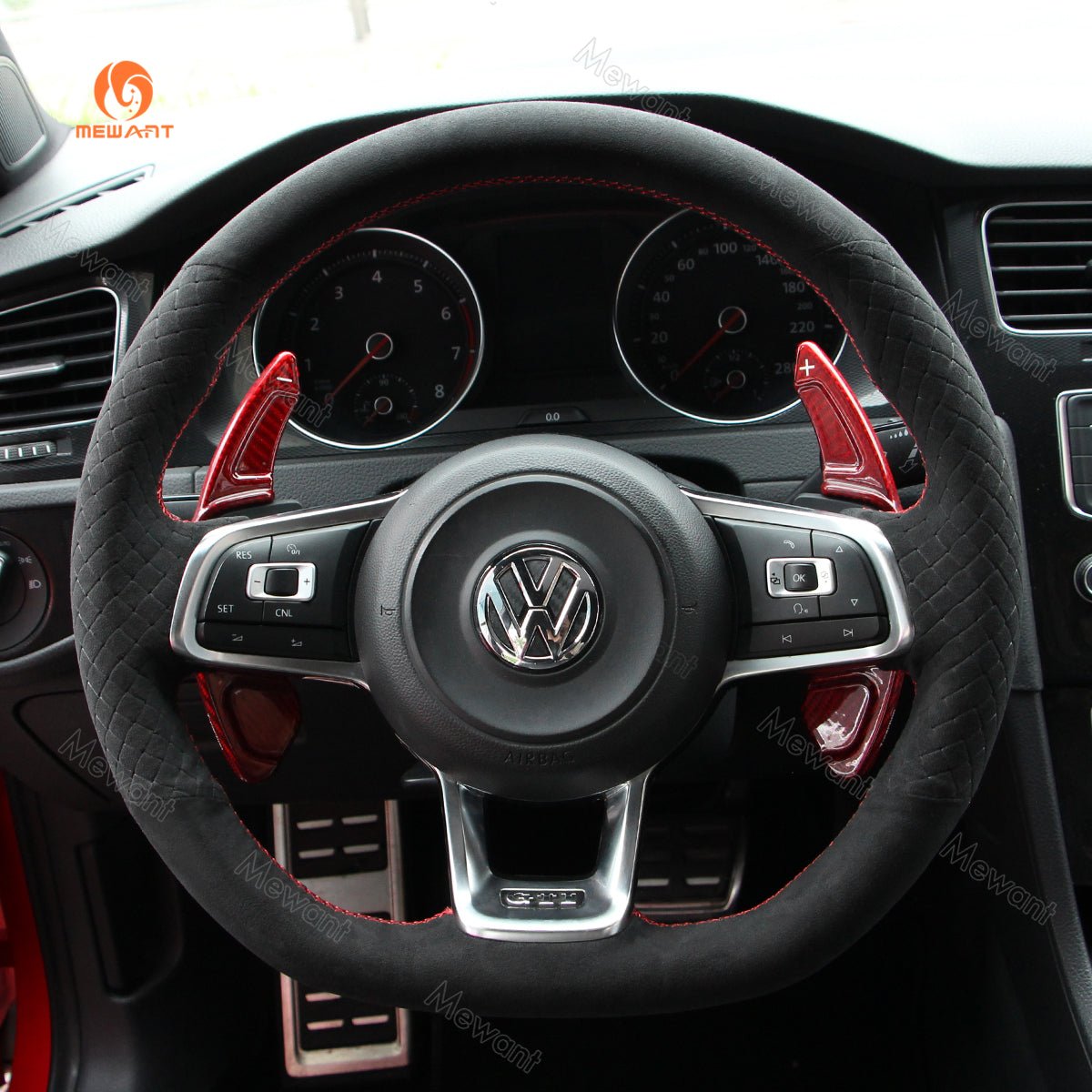 MEWANT Hand Stitch Car Steering Wheel Cover for Volkswagen VW Golf GTI 7 2015 - 2021 / Golf R 2015 - 2019 / Jetta GLI 2015 - 2018 - Alcantara, Leather, Carbon Fiber, Easy Install, Non - Slip, Best Steering Wheel Cover