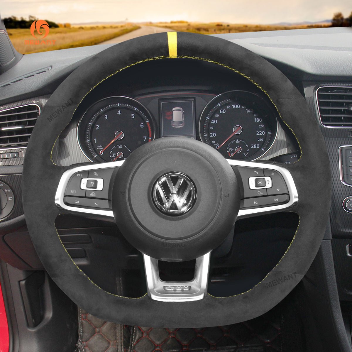 MEWANT Hand Stitch Car Steering Wheel Cover for Volkswagen VW Golf GTI 7 2015 - 2021 / Golf R 2015 - 2019 / Jetta GLI 2015 - 2018 - Alcantara, Leather, Carbon Fiber, Easy Install, Non - Slip, Best Steering Wheel Cover