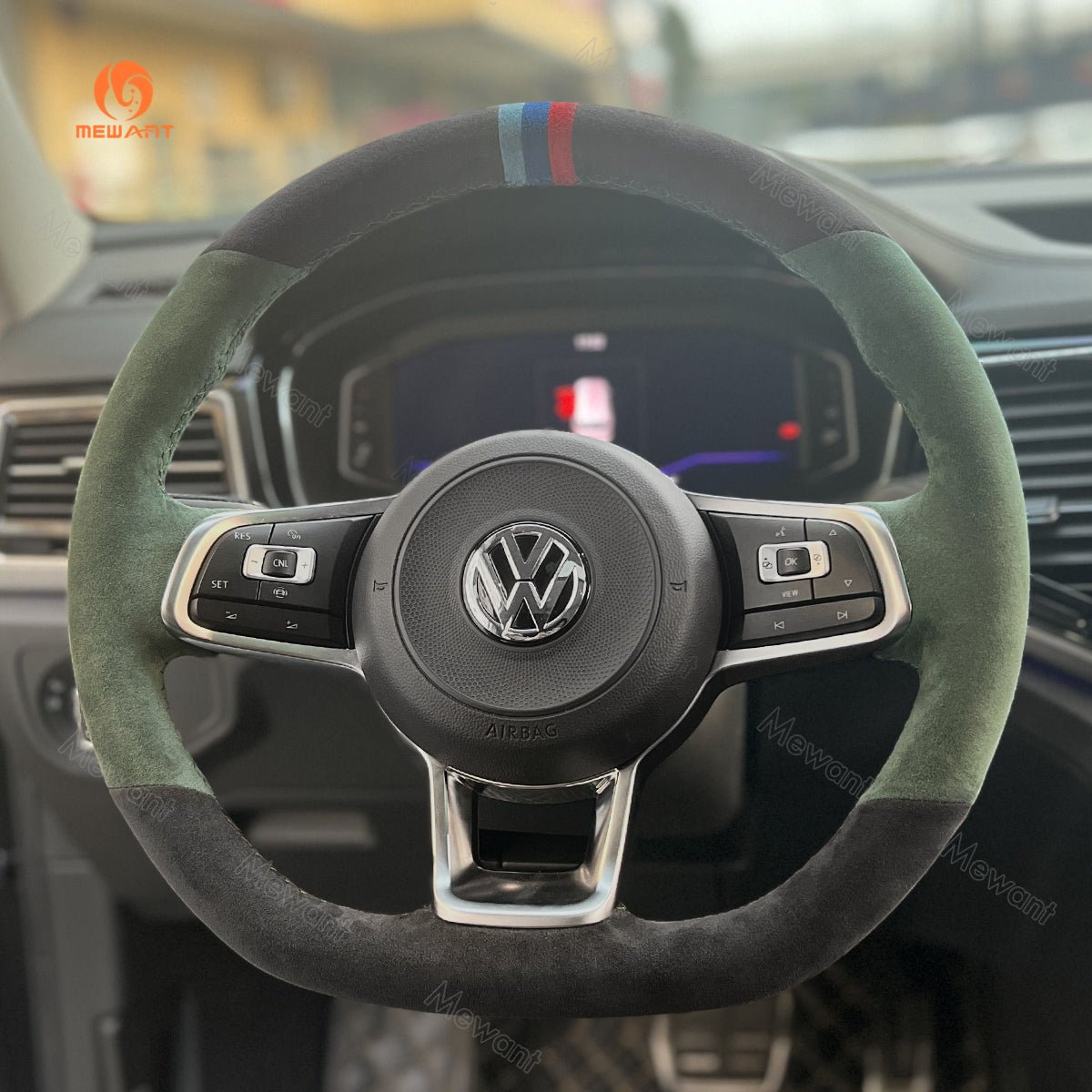 MEWANT Hand Stitch Car Steering Wheel Cover for Volkswagen VW Golf GTI 7 2015 - 2021 / Golf R 2015 - 2019 / Jetta GLI 2015 - 2018 - Alcantara, Leather, Carbon Fiber, Easy Install, Non - Slip, Best Steering Wheel Cover