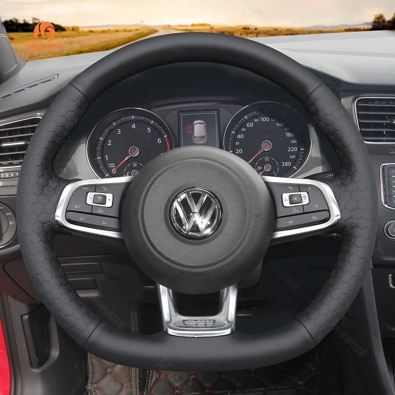 MEWANT Hand Stitch Car Steering Wheel Cover for Volkswagen VW Golf GTI 7 2015 - 2021 / Golf R 2015 - 2019 / Jetta GLI 2015 - 2018 - Alcantara, Leather, Carbon Fiber, Easy Install, Non - Slip, Best Steering Wheel Cover