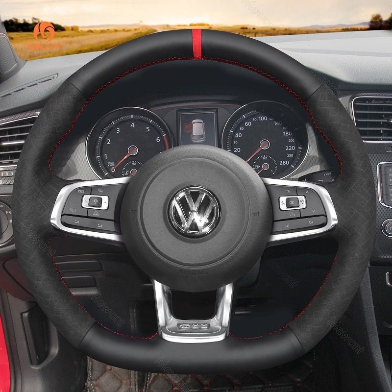 MEWANT Hand Stitch Car Steering Wheel Cover for Volkswagen VW Golf GTI 7 2015 - 2021 / Golf R 2015 - 2019 / Jetta GLI 2015 - 2018 - Alcantara, Leather, Carbon Fiber, Easy Install, Non - Slip, Best Steering Wheel Cover