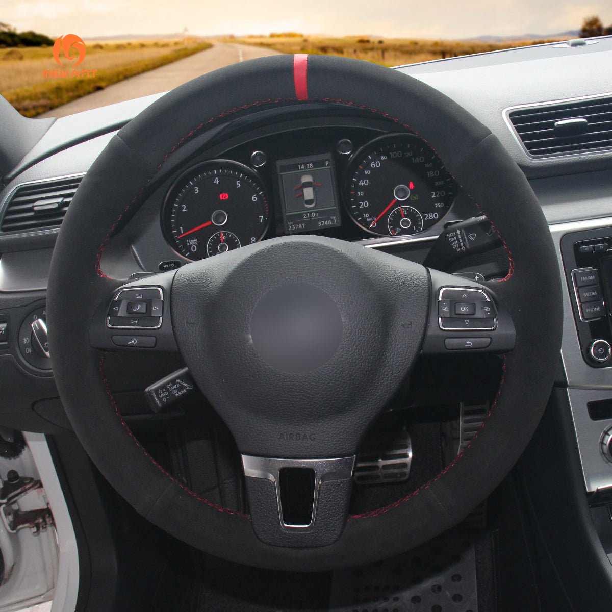 MEWANT Hand Stitch Car Steering Wheel Cover for Volkswagen Golf Tiguan Limited Passat Jetta - Alcantara, Leather, Carbon Fiber, Easy Install, Non - Slip, Best Steering Wheel Cover