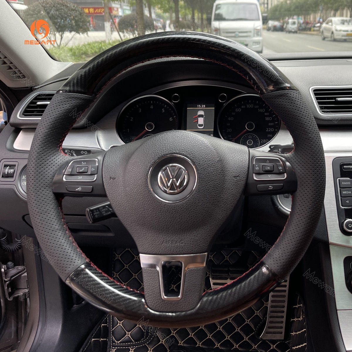 MEWANT Hand Stitch Car Steering Wheel Cover for Volkswagen Golf Tiguan Limited Passat Jetta - Alcantara, Leather, Carbon Fiber, Easy Install, Non - Slip, Best Steering Wheel Cover