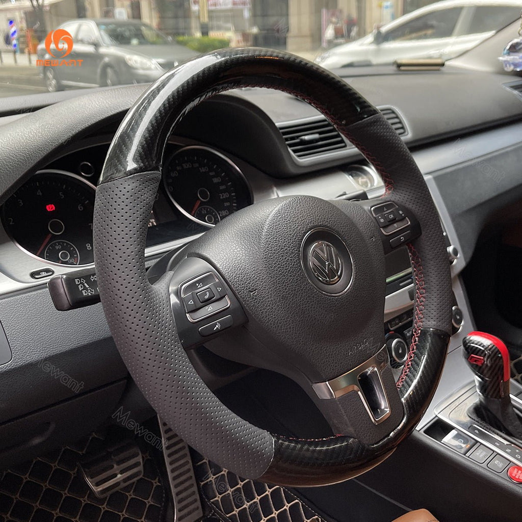 MEWANT Hand Stitch Car Steering Wheel Cover for Volkswagen Golf Tiguan Limited Passat Jetta - Alcantara, Leather, Carbon Fiber, Easy Install, Non - Slip, Best Steering Wheel Cover