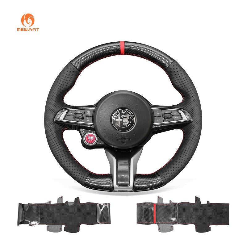 MEWANT Hand Stitch Carbon Fiber Black Leather Suede Car Steering Wheel Cover for Alfa Romeo Giulia Quadrifoglio 2020 - 2022 / Stelvio Quadrifoglio2020 - 2022 - Alcantara, Leather, Carbon Fiber, Easy Install, Non - Slip, Best Steering Wheel Cover