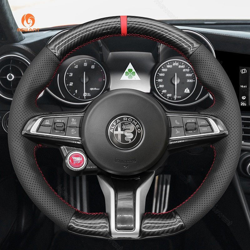 MEWANT Hand Stitch Carbon Fiber Black Leather Suede Car Steering Wheel Cover for Alfa Romeo Giulia Quadrifoglio 2020 - 2022 / Stelvio Quadrifoglio2020 - 2022 - Alcantara, Leather, Carbon Fiber, Easy Install, Non - Slip, Best Steering Wheel Cover