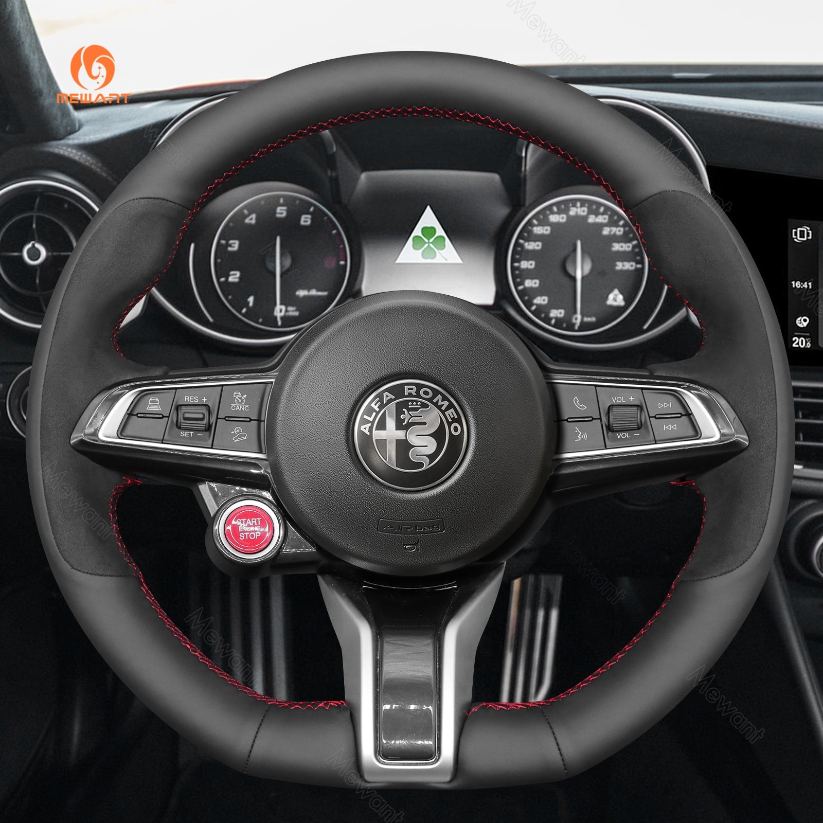 MEWANT Hand Stitch Carbon Fiber Black Leather Suede Car Steering Wheel Cover for Alfa Romeo Giulia Quadrifoglio 2020 - 2022 / Stelvio Quadrifoglio2020 - 2022 - Alcantara, Leather, Carbon Fiber, Easy Install, Non - Slip, Best Steering Wheel Cover