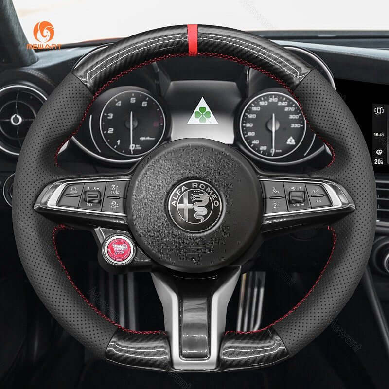 MEWANT Hand Stitch Carbon Fiber Black Leather Suede Car Steering Wheel Cover for Alfa Romeo Giulia Quadrifoglio 2020 - 2022 / Stelvio Quadrifoglio2020 - 2022 - Alcantara, Leather, Carbon Fiber, Easy Install, Non - Slip, Best Steering Wheel Cover