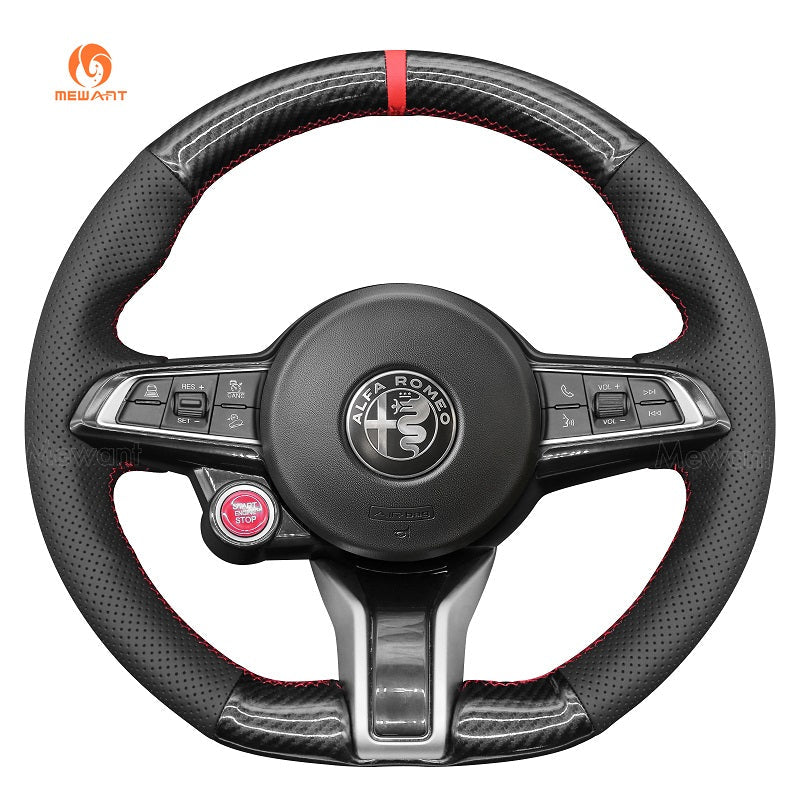 MEWANT Hand Stitch Carbon Fiber Black Leather Suede Car Steering Wheel Cover for Alfa Romeo Giulia Quadrifoglio 2020 - 2022 / Stelvio Quadrifoglio2020 - 2022 - Alcantara, Leather, Carbon Fiber, Easy Install, Non - Slip, Best Steering Wheel Cover