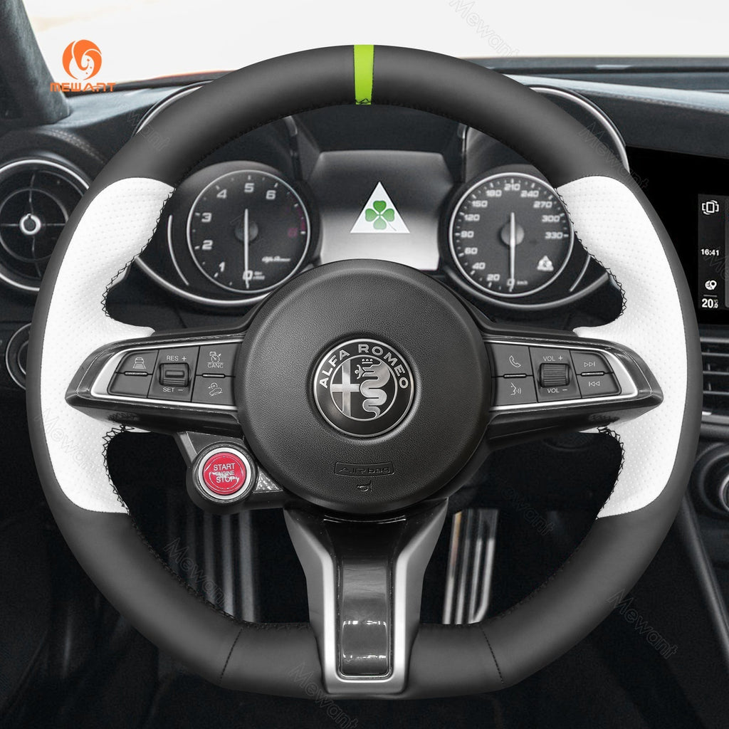 MEWANT Hand Stitch Carbon Fiber Black Leather Suede Car Steering Wheel Cover for Alfa Romeo Giulia Quadrifoglio 2020 - 2022 / Stelvio Quadrifoglio2020 - 2022 - Alcantara, Leather, Carbon Fiber, Easy Install, Non - Slip, Best Steering Wheel Cover