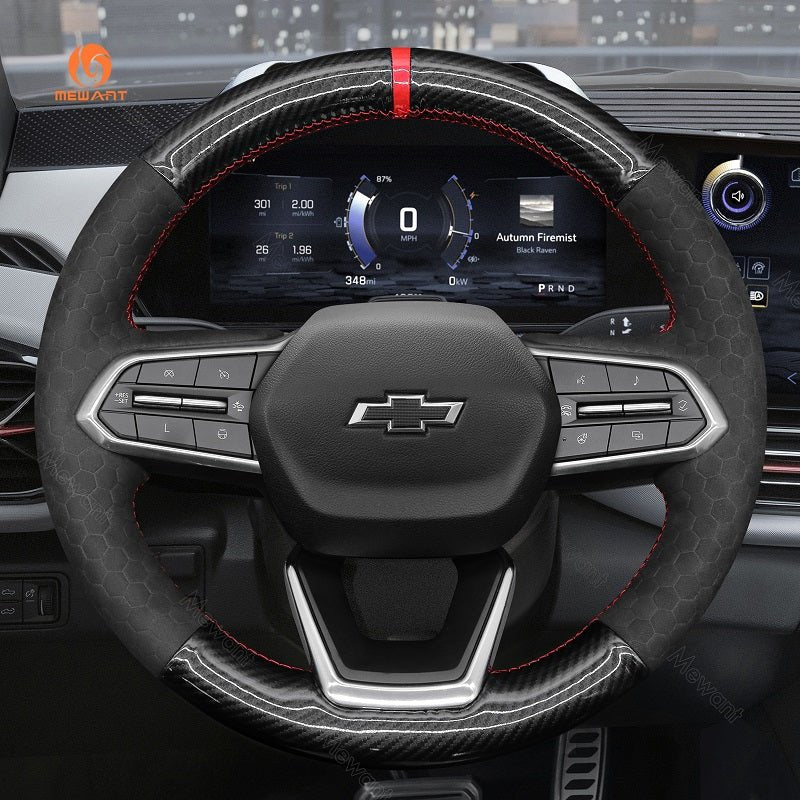 MEWANT Hand Stitch Carbon Fiber Black Leather Suede Car Steering Wheel Cover for Chevrolet Equinox 2025 - Alcantara, Leather, Carbon Fiber, Easy Install, Non - Slip, Best Steering Wheel Cover