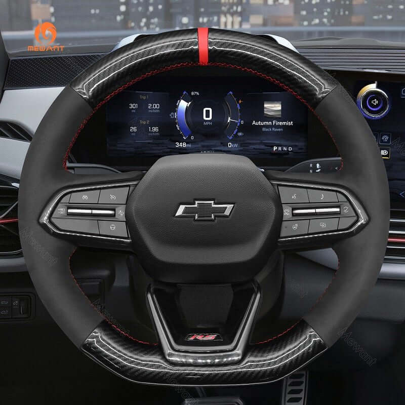 MEWANT Hand Stitch Carbon Fiber Black Leather Suede Car Steering Wheel Cover for Chevrolet Equinox RS 2025 - Alcantara, Leather, Carbon Fiber, Easy Install, Non - Slip, Best Steering Wheel Cover