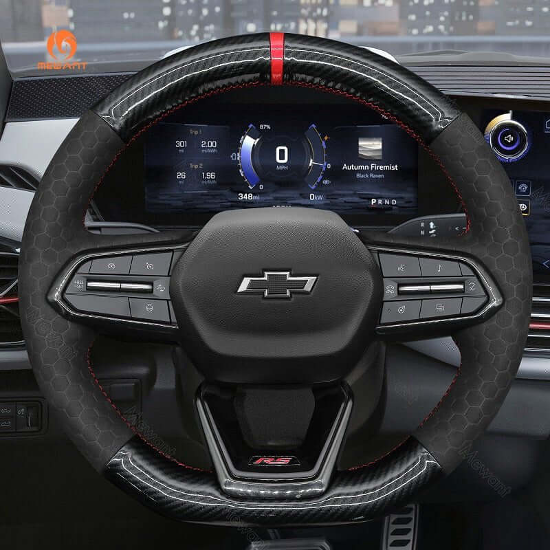 MEWANT Hand Stitch Carbon Fiber Black Leather Suede Car Steering Wheel Cover for Chevrolet Equinox RS 2025 - Alcantara, Leather, Carbon Fiber, Easy Install, Non - Slip, Best Steering Wheel Cover