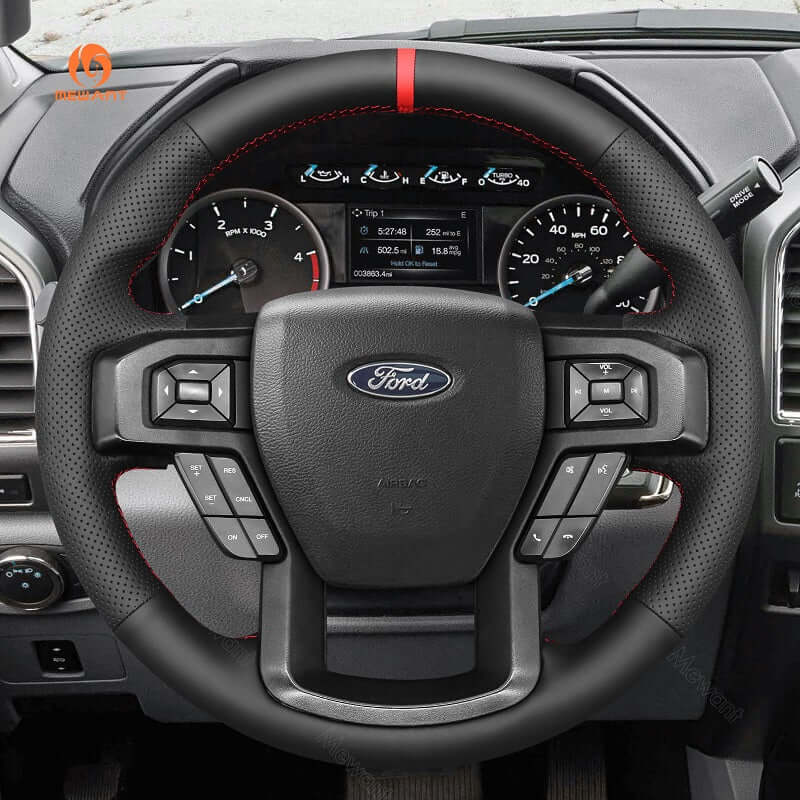 MEWANT Hand Stitch Carbon Fiber Black Leather Suede Car Steering Wheel Cover for Ford F - 150 F150 2015 - 2020 / F - 250 F250 2017 - 2022 / F - 350 F350 2017 - 2022 / F - 450 F450 2017 - 2022 / Expedition 2018 - 2021 - Alcantara, Leather, Carbon Fiber, Easy Install, Non - Slip, Best Steering Wheel Cover