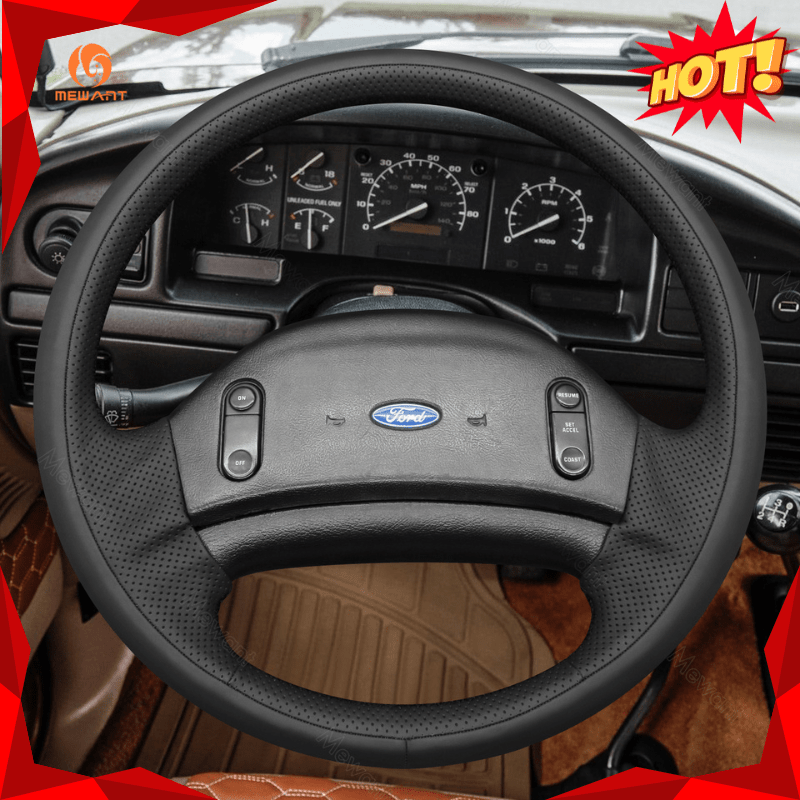 MEWANT Hand Stitch Carbon Fiber Black Leather Suede Car Steering Wheel Cover for Ford F150/F250/F350/Bronco 1992 - 1996 - Alcantara, Leather, Carbon Fiber, Easy Install, Non - Slip, Best Steering Wheel Cover