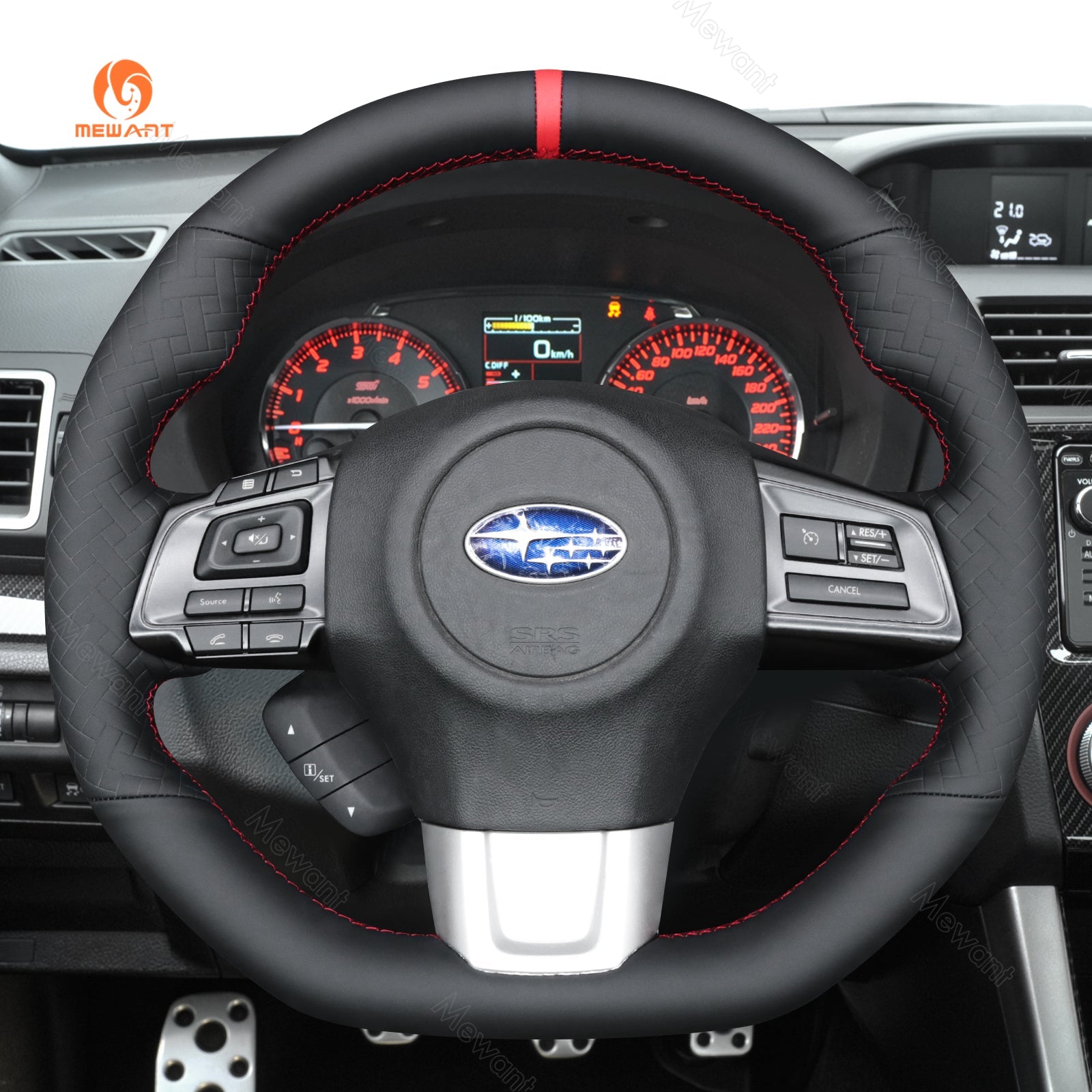 MEWANT Hand Stitch Carbon Fiber Black Leather Suede Car Steering Wheel Cover for Subaru WRX (STI) Levorg 2015 - 2019 - Alcantara, Leather, Carbon Fiber, Easy Install, Non - Slip, Best Steering Wheel Cover