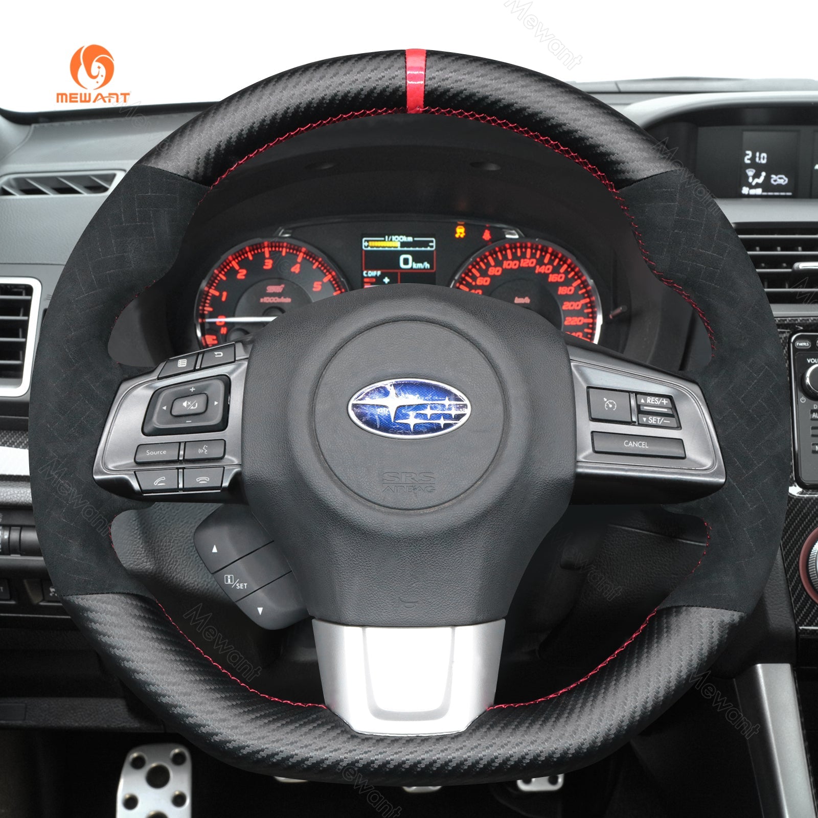 MEWANT Hand Stitch Carbon Fiber Black Leather Suede Car Steering Wheel Cover for Subaru WRX (STI) Levorg 2015 - 2019 - Alcantara, Leather, Carbon Fiber, Easy Install, Non - Slip, Best Steering Wheel Cover