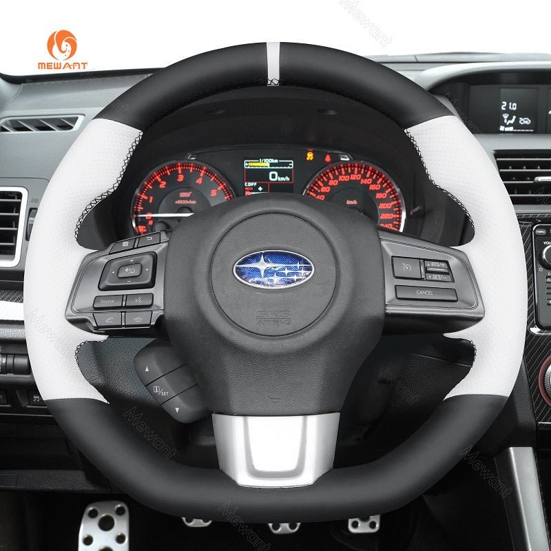 MEWANT Hand Stitch Carbon Fiber Black Leather Suede Car Steering Wheel Cover for Subaru WRX (STI) Levorg 2015 - 2019 - Alcantara, Leather, Carbon Fiber, Easy Install, Non - Slip, Best Steering Wheel Cover