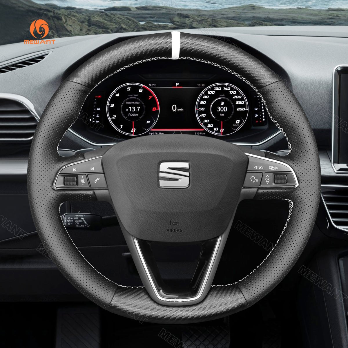 MEWANT Hand Stitch Carbon Fiber Leather for Seat Leon Ibiza Alhambra Arona Ateca - Alcantara, Leather, Carbon Fiber, Easy Install, Non - Slip, Best Steering Wheel Cover