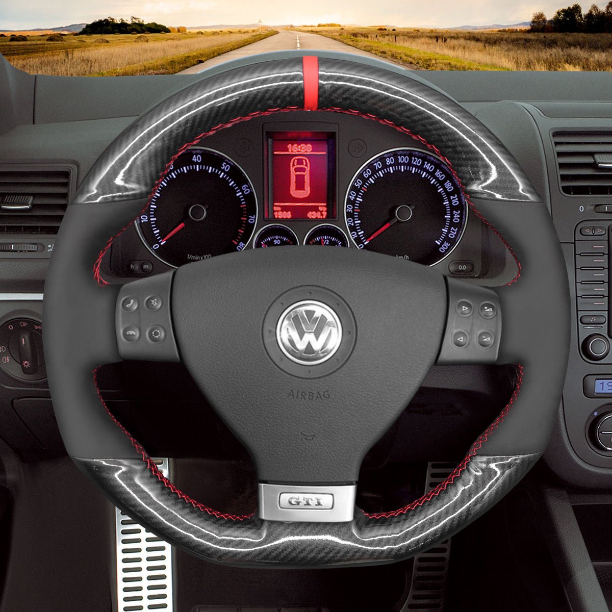 MEWANT Hand Stitch Carbon Fiber Suede Car Steering Wheel Cover for Volkswagen Golf GTI 5 (V) / Golf R32 Scirocco / Passat Variant (R - Line) / Tiguan (R - Line) - Alcantara, Leather, Carbon Fiber, Easy Install, Non - Slip, Best Steering Wheel Cover