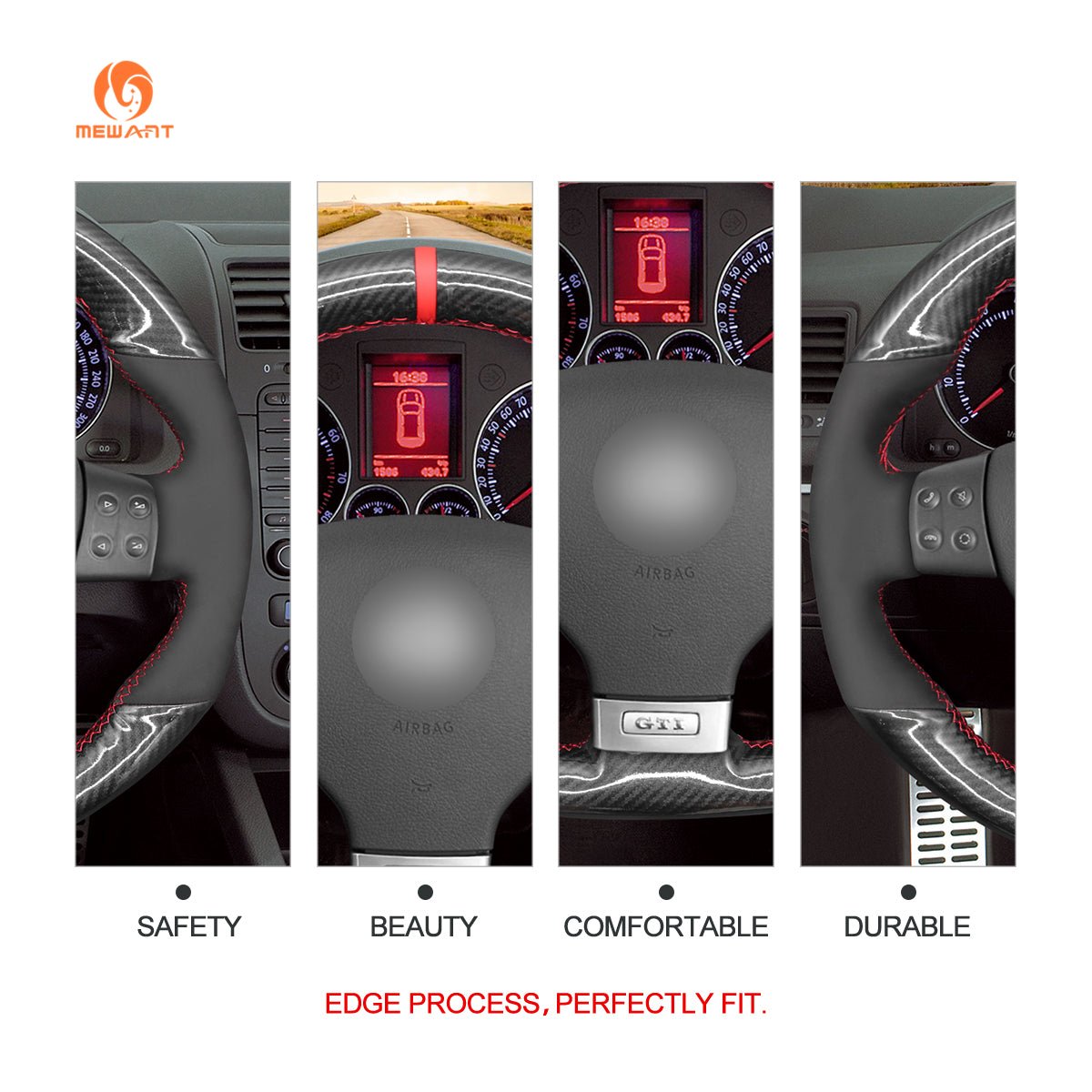 MEWANT Hand Stitch Carbon Fiber Suede Car Steering Wheel Cover for Volkswagen Golf GTI 5 (V) / Golf R32 Scirocco / Passat Variant (R - Line) / Tiguan (R - Line) - Alcantara, Leather, Carbon Fiber, Easy Install, Non - Slip, Best Steering Wheel Cover