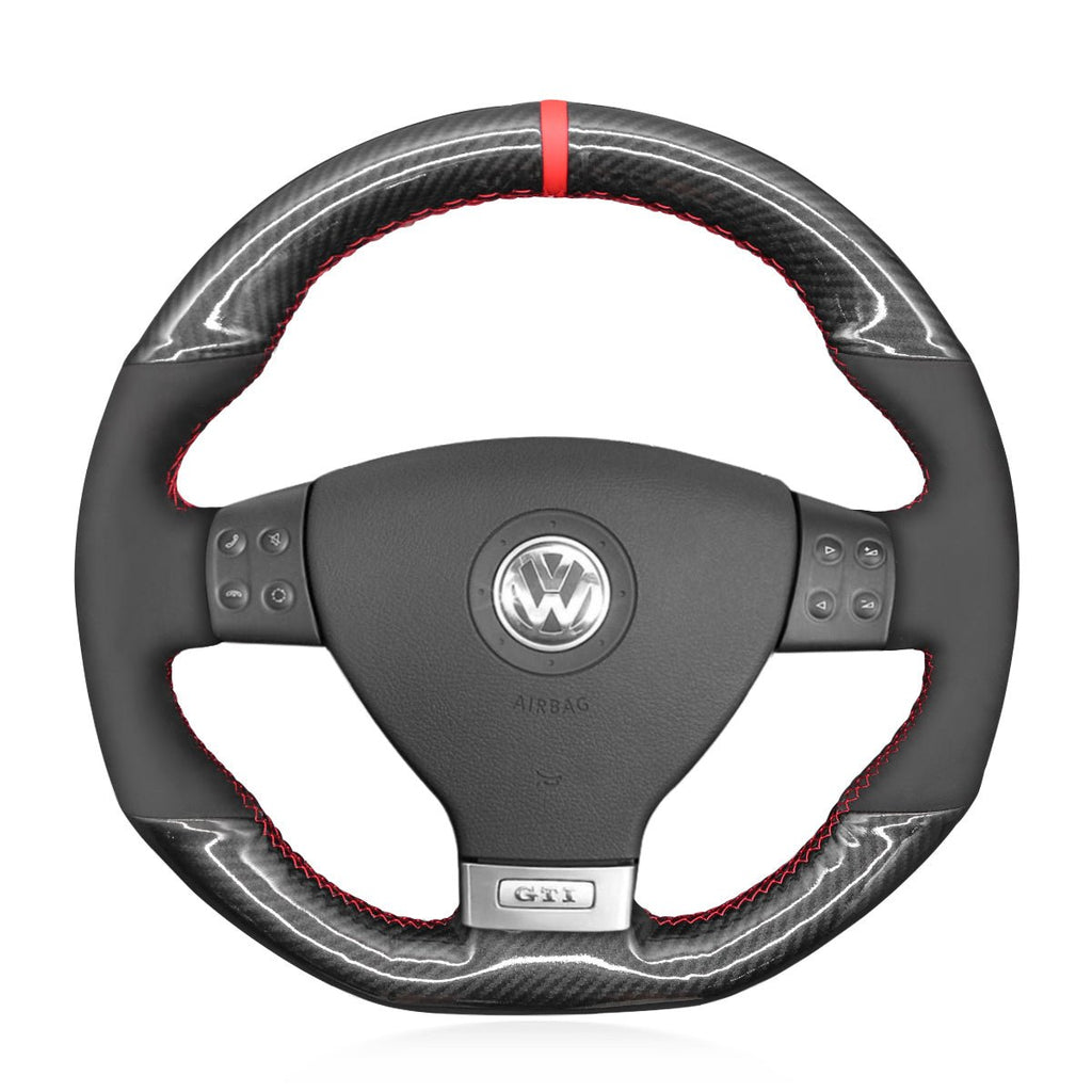 MEWANT Hand Stitch Carbon Fiber Suede Car Steering Wheel Cover for Volkswagen Golf GTI 5 (V) / Golf R32 Scirocco / Passat Variant (R - Line) / Tiguan (R - Line) - Alcantara, Leather, Carbon Fiber, Easy Install, Non - Slip, Best Steering Wheel Cover