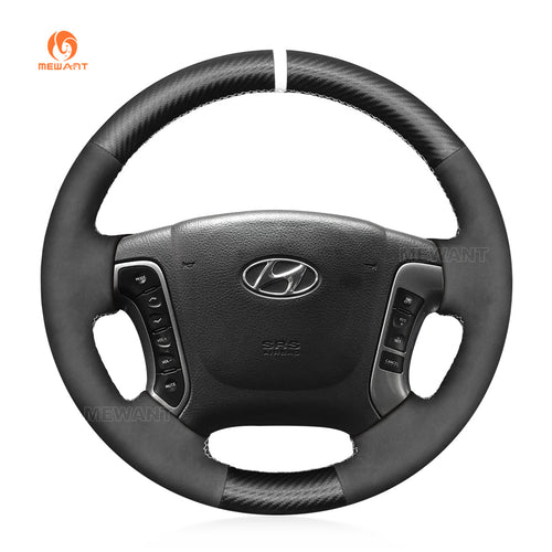 MEWANT Hand Stitch Carbon Fiber Suede Car Steering Wheel Cover for Hyundai Santa Fe 2007 - 2012 - Mewant Cover