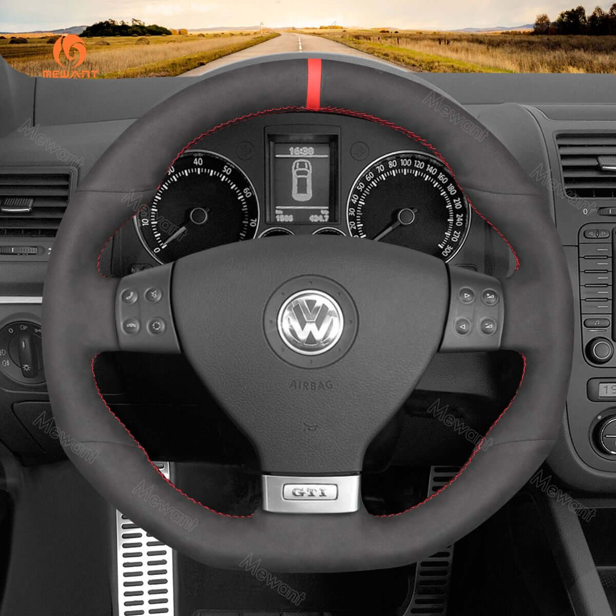MEWANT Hand Stitch Carbon Fiber Suede Car Steering Wheel Cover for Volkswagen Golf GTI 5 (V) / Golf R32 Scirocco / Passat Variant (R - Line) / Tiguan (R - Line) 2004 - 2010 - Alcantara, Leather, Carbon Fiber, Easy Install, Non - Slip, Best Steering Wheel Cover