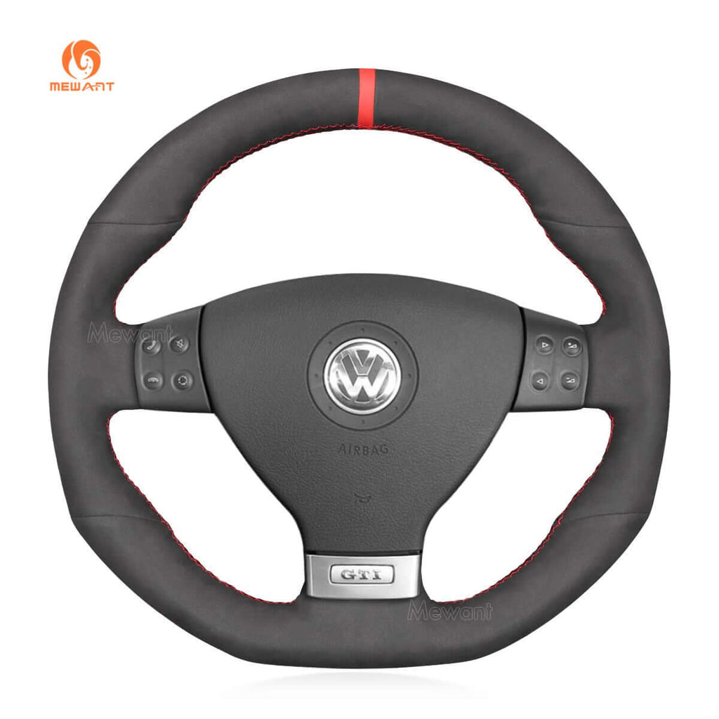 MEWANT Hand Stitch Carbon Fiber Suede Car Steering Wheel Cover for Volkswagen Golf GTI 5 (V) / Golf R32 Scirocco / Passat Variant (R - Line) / Tiguan (R - Line) 2004 - 2010 - Alcantara, Leather, Carbon Fiber, Easy Install, Non - Slip, Best Steering Wheel Cover