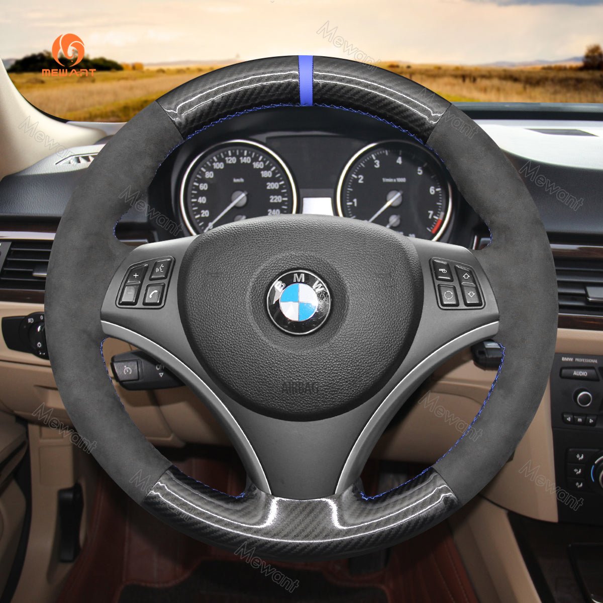 MEWANT Hand Stitch Dark Alcantara Car Steering Wheel Cover for BMW 1 Series E81 E82 E87 E88 / 3 Series E90 E91 E92 E93 / X1 E84 - Mewant Cover