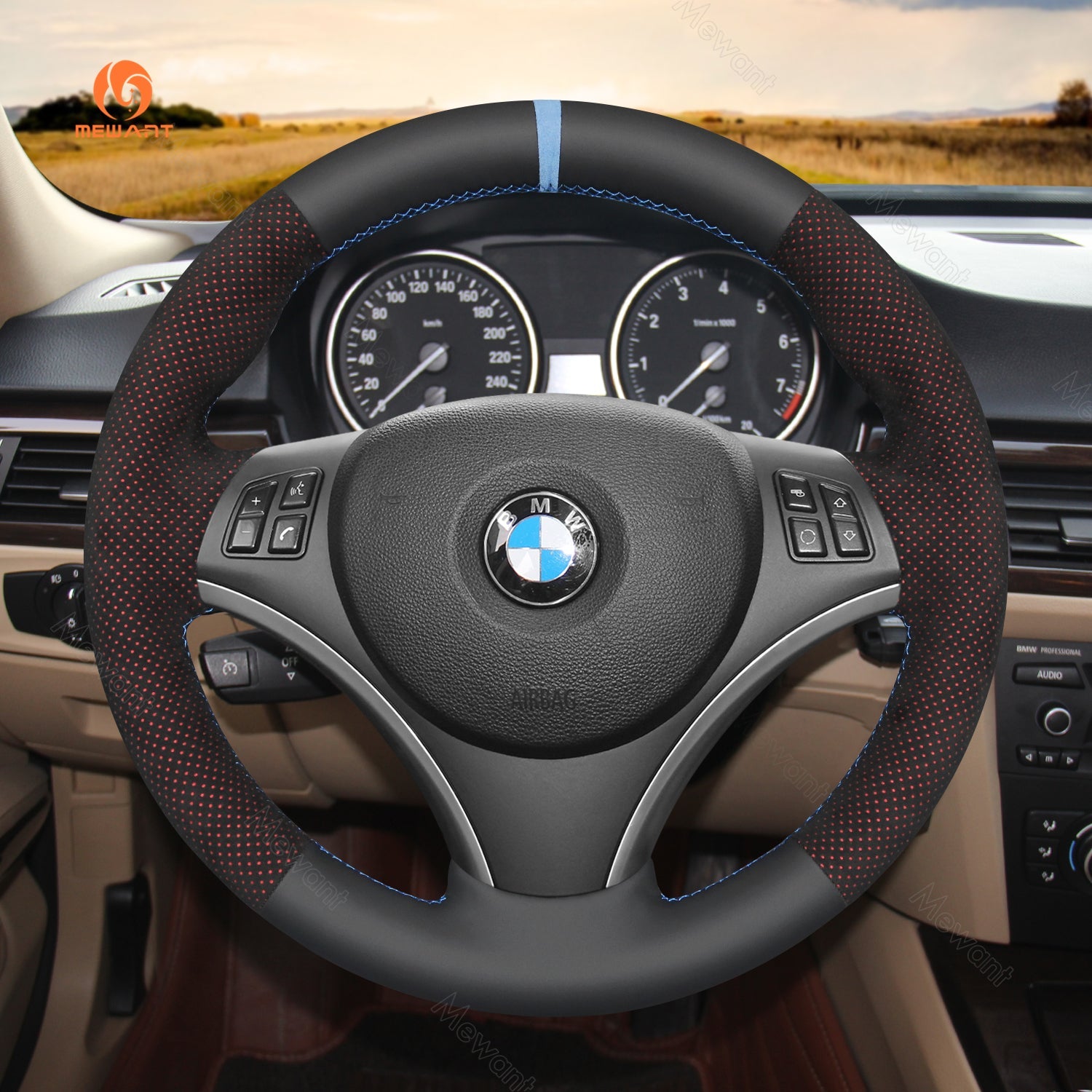 MEWANT Hand Stitch Dark Alcantara Car Steering Wheel Cover for BMW 1 Series E81 E82 E87 E88 / 3 Series E90 E91 E92 E93 / X1 E84 - Alcantara, Leather, Carbon Fiber, Easy Install, Non - Slip, Best Steering Wheel Cover