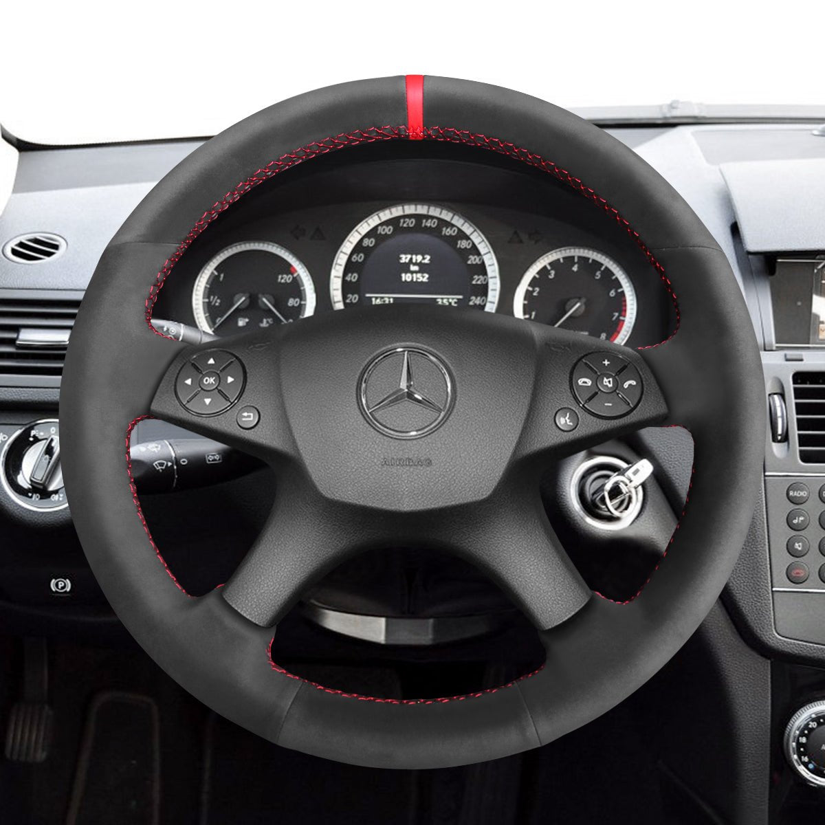 MEWANT Hand Stitch Dark Grey Alcantara Black Suede Car Steering Wheel Cover for Mercedes Benz C - Class W204 2007 - 2011 - Alcantara, Leather, Carbon Fiber, Easy Install, Non - Slip, Best Steering Wheel Cover