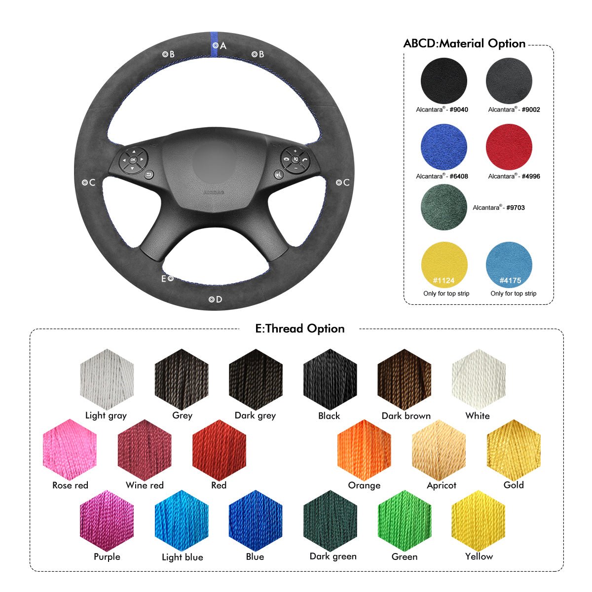 MEWANT Hand Stitch Dark Grey Alcantara Black Suede Car Steering Wheel Cover for Mercedes Benz C - Class W204 2007 - 2011 - Alcantara, Leather, Carbon Fiber, Easy Install, Non - Slip, Best Steering Wheel Cover