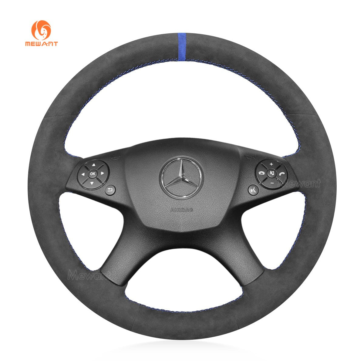 MEWANT Hand Stitch Dark Grey Alcantara Black Suede Car Steering Wheel Cover for Mercedes Benz C - Class W204 2007 - 2011 - Alcantara, Leather, Carbon Fiber, Easy Install, Non - Slip, Best Steering Wheel Cover