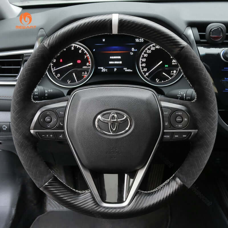 MEWANT Hand Stitch Dark Grey Alcantara Car Steering for Toyota Camry Corolla RAV4 Avalon 2017 - 2024 - Alcantara, Leather, Carbon Fiber, Easy Install, Non - Slip, Best Steering Wheel Cover