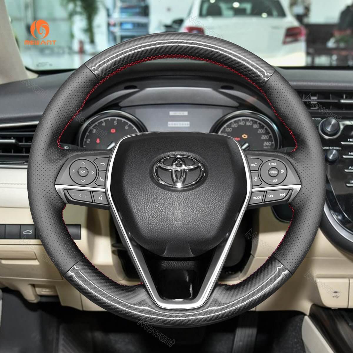 MEWANT Hand Stitch Dark Grey Alcantara Car Steering for Toyota Camry Corolla RAV4 Avalon 2017 - 2024 - Alcantara, Leather, Carbon Fiber, Easy Install, Non - Slip, Best Steering Wheel Cover