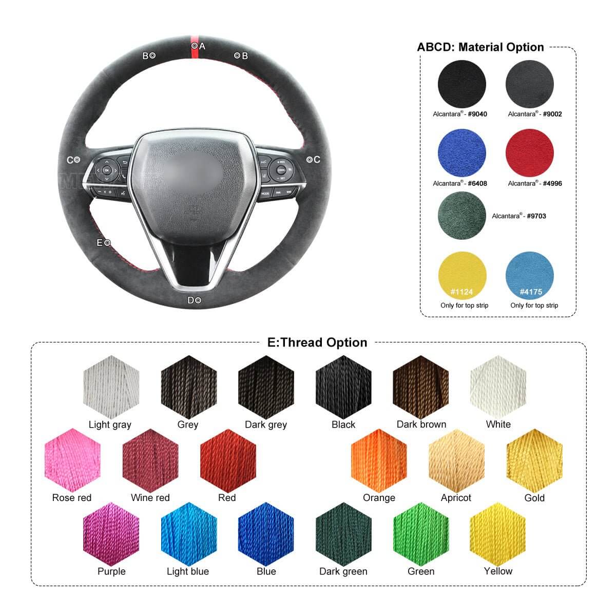 MEWANT Hand Stitch Dark Grey Alcantara Car Steering for Toyota Camry Corolla RAV4 Avalon 2017 - 2024 - Alcantara, Leather, Carbon Fiber, Easy Install, Non - Slip, Best Steering Wheel Cover