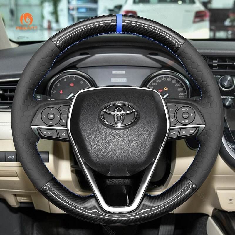MEWANT Hand Stitch Dark Grey Alcantara Car Steering for Toyota Camry Corolla RAV4 Avalon 2017 - 2024 - Alcantara, Leather, Carbon Fiber, Easy Install, Non - Slip, Best Steering Wheel Cover