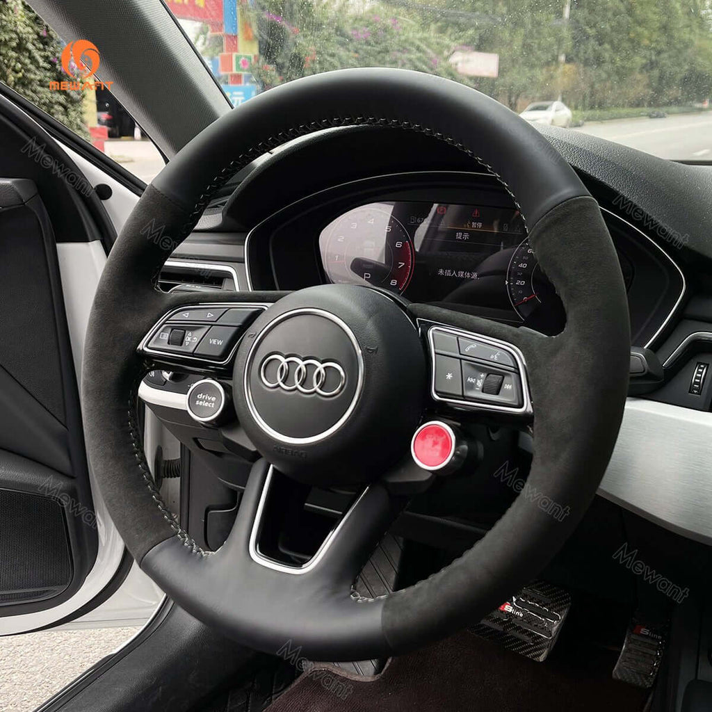 MEWANT Hand Stitch Dark Grey Alcantara Car Steering Wheel Cover for Audi A1 (8X) Sportback A3 (8V) A4 (B9) Avant A5 (F5) Q2 2017 - 2019 - Alcantara, Leather, Carbon Fiber, Easy Install, Non - Slip, Best Steering Wheel Cover