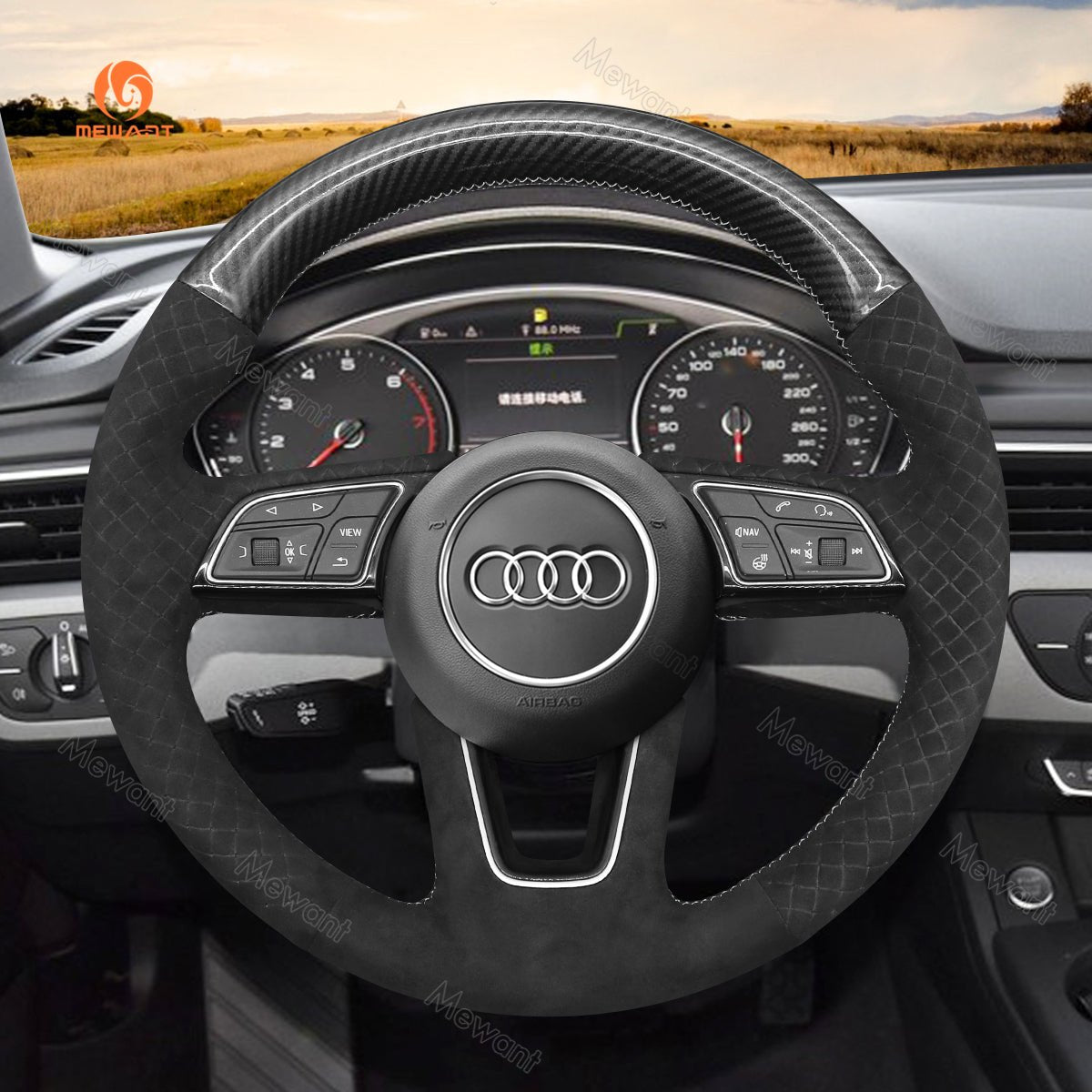 MEWANT Hand Stitch Dark Grey Alcantara Car Steering Wheel Cover for Audi A1 (8X) Sportback A3 (8V) A4 (B9) Avant A5 (F5) Q2 - Alcantara, Leather, Carbon Fiber, Easy Install, Non - Slip, Best Steering Wheel Cover