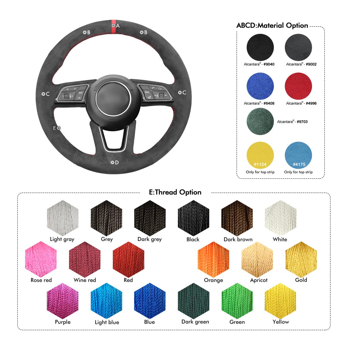 MEWANT Hand Stitch Dark Grey Alcantara Car Steering Wheel Cover for Audi A1 (8X) Sportback A3 (8V) A4 (B9) Avant A5 (F5) Q2 - Alcantara, Leather, Carbon Fiber, Easy Install, Non - Slip, Best Steering Wheel Cover