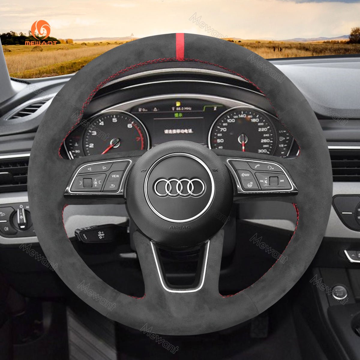 MEWANT Hand Stitch Dark Grey Alcantara Car Steering Wheel Cover for Audi A1 (8X) Sportback A3 (8V) A4 (B9) Avant A5 (F5) Q2 - Alcantara, Leather, Carbon Fiber, Easy Install, Non - Slip, Best Steering Wheel Cover