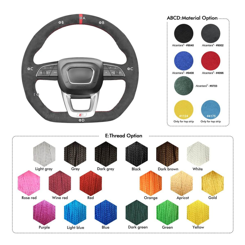 MEWANT Hand Stitch Dark Grey Alcantara Car Steering Wheel Cover for Audi Q3 2018 - 2019 / Q5 SQ5 2017 - 2019 / Q7 SQ7 2015 - 2019 / Q8 SQ8 2018 - 2019 - Alcantara, Leather, Carbon Fiber, Easy Install, Non - Slip, Best Steering Wheel Cover