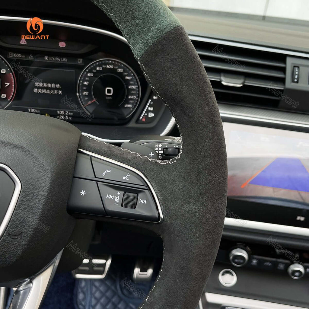MEWANT Hand Stitch Dark Grey Alcantara Car Steering Wheel Cover for Audi Q3 2018 - 2019 / Q5 SQ5 2017 - 2019 / Q7 SQ7 2015 - 2019 / Q8 SQ8 2018 - 2019 - Alcantara, Leather, Carbon Fiber, Easy Install, Non - Slip, Best Steering Wheel Cover