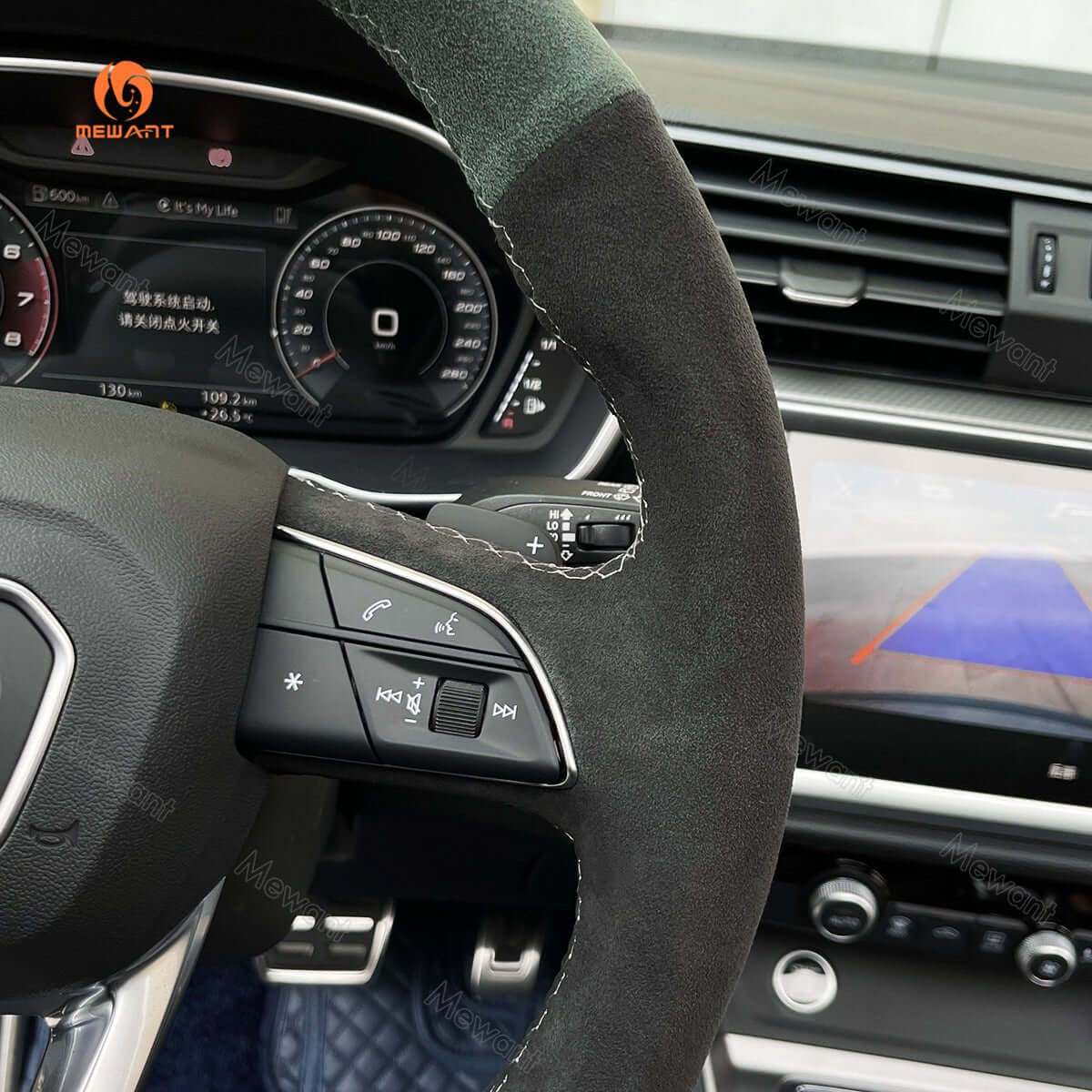 MEWANT Hand Stitch Dark Grey Alcantara Car Steering Wheel Cover for Audi Q3 2018 - 2019 / Q5 SQ5 2017 - 2019 / Q7 SQ7 2015 - 2019 / Q8 SQ8 2018 - 2019 - Alcantara, Leather, Carbon Fiber, Easy Install, Non - Slip, Best Steering Wheel Cover