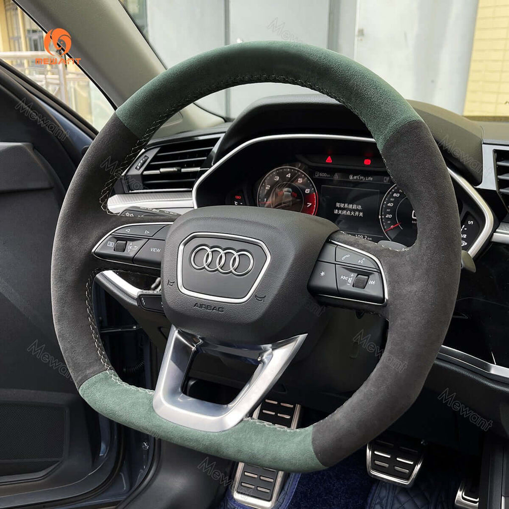 MEWANT Hand Stitch Dark Grey Alcantara Car Steering Wheel Cover for Audi Q3 2018 - 2019 / Q5 SQ5 2017 - 2019 / Q7 SQ7 2015 - 2019 / Q8 SQ8 2018 - 2019 - Alcantara, Leather, Carbon Fiber, Easy Install, Non - Slip, Best Steering Wheel Cover