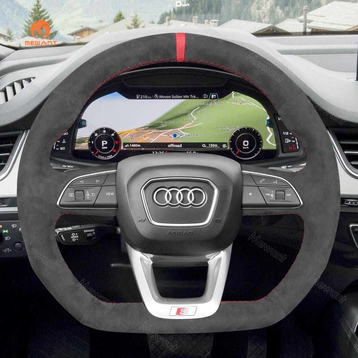 MEWANT Hand Stitch Dark Grey Alcantara Car Steering Wheel Cover for Audi Q3 2018 - 2019 / Q5 SQ5 2017 - 2019 / Q7 SQ7 2015 - 2019 / Q8 SQ8 2018 - 2019 - Alcantara, Leather, Carbon Fiber, Easy Install, Non - Slip, Best Steering Wheel Cover