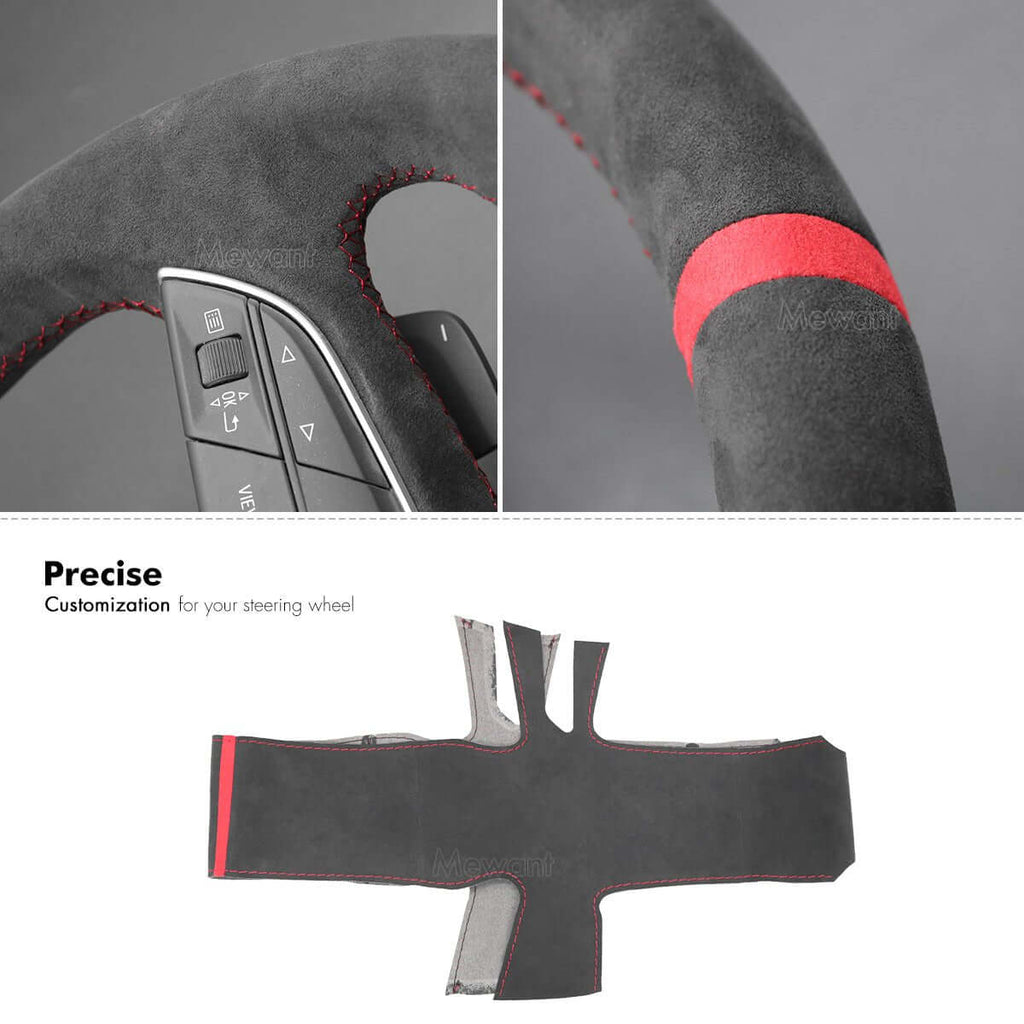 MEWANT Hand Stitch Dark Grey Alcantara Car Steering Wheel Cover for Audi Q3 2018 - 2019 / Q5 SQ5 2017 - 2019 / Q7 SQ7 2015 - 2019 / Q8 SQ8 2018 - 2019 - Alcantara, Leather, Carbon Fiber, Easy Install, Non - Slip, Best Steering Wheel Cover